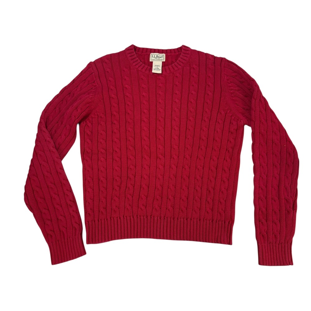VTG LLBean Women's Cable Knit Sweater Red Cotton Crew Neck Long Sleeve Size‎ S